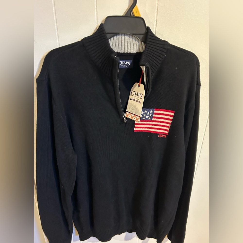 Chaps Black Zip-Up Sweater with Flag Patch - Picture 6 of 8